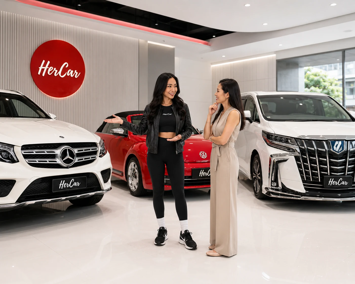 Andrea discussing car consignment with a Singapore car owner beside a family SUV, compact car and MPV