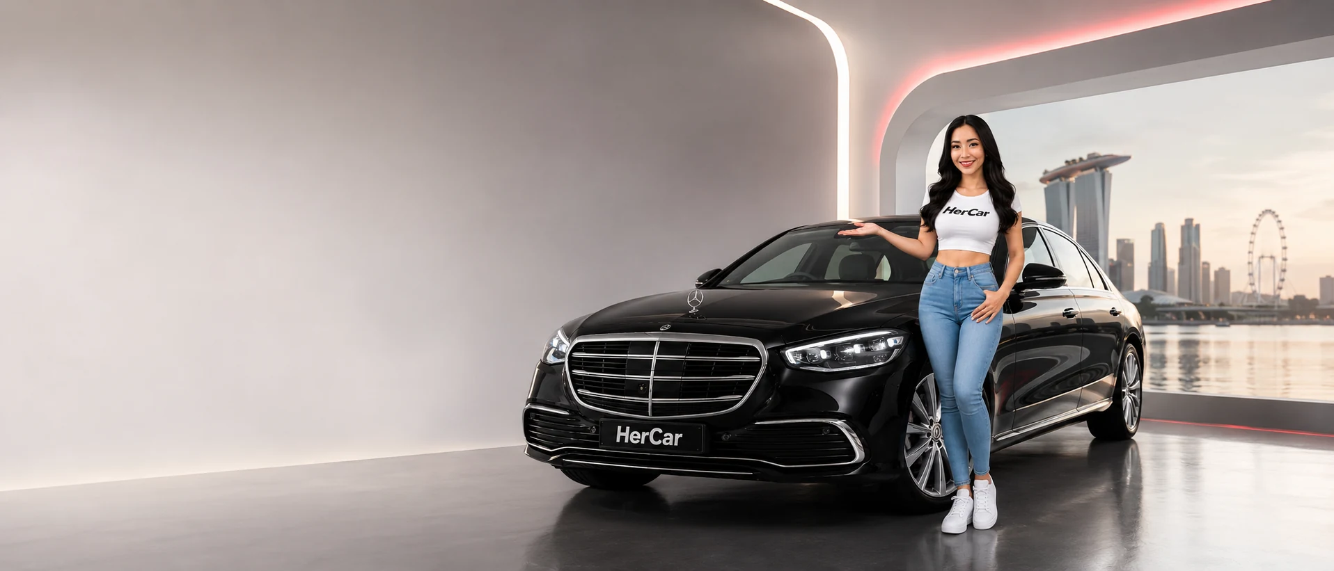 Andrea welcoming car owners beside a black Mercedes-Benz S-Class in the HerCar showroom