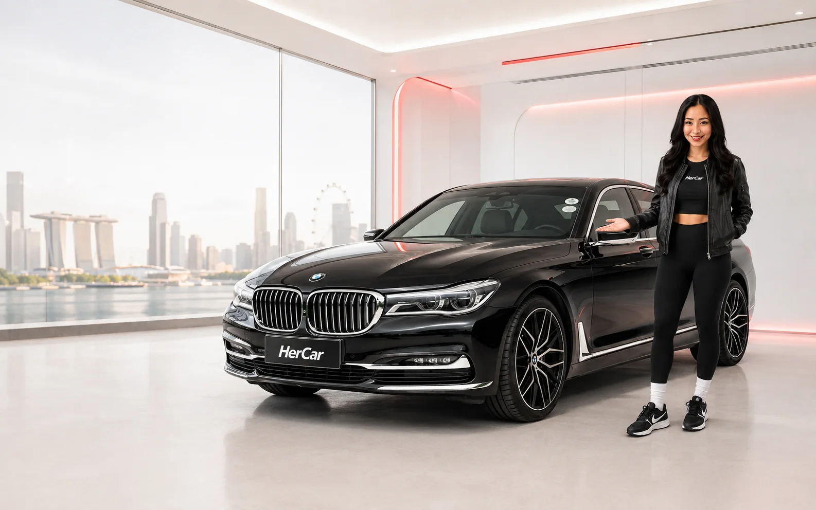 HerCar presenting a black BMW sedan in the showroom